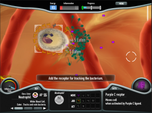 A head's up display that looks like a motorcycles' console is overlaid on a scene under the skin of a person with a splinter... A white blood cell chases a bunch of flagellated bacteria.