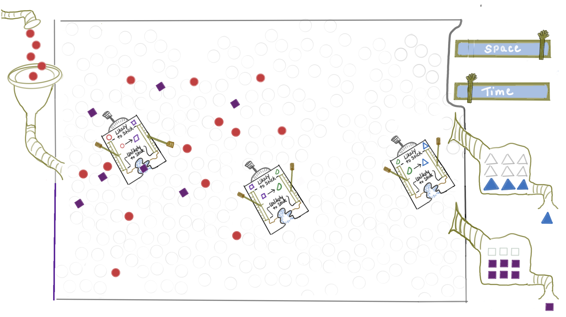 Hand drawn Nano-Machines made of brass with levers and open holes where blue "magic" can be seen. Red shapes enter scene on right and blue and purple shapes are collected in buckets on the right. The whole field is a ball pit and the nano machines are in the ball pit, too.